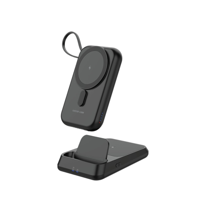 Image de Batterie externe Green Lion 3-en-1 Magsafe 10 000 mAh, support de charge pour téléphone portable, charge rapide PD 20 W, chargeur pour écouteurs, sortie filaire 20 W, sortie sans fil 15 W, câbles intégrés, port Type-C - Noir